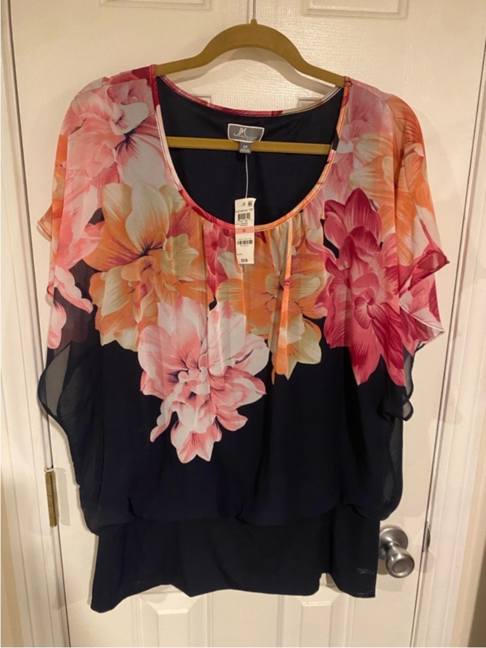 JM Collection Navy Blouse with Pink & Orange Floral Overlay